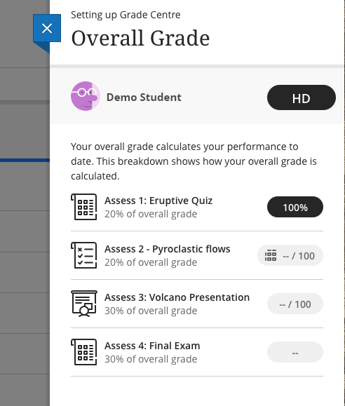 Screenshot of a student viewing details around their overall grade