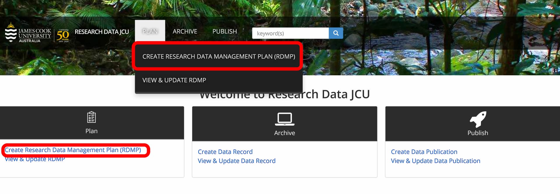 Research Data JCU screen showing RDMP options