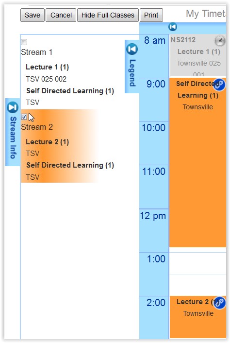 Screenshot showing the stream classes checkbox on the left hand side of the timetable grid.