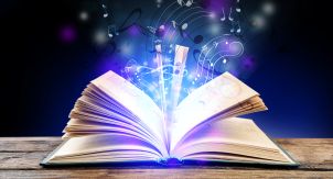 open book with musical notes rising out image
