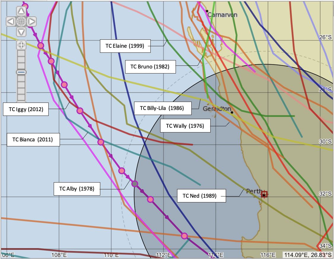 Cyclone tracks in the south of WA 1971 to 2018 (Bureau of Meteorology) 