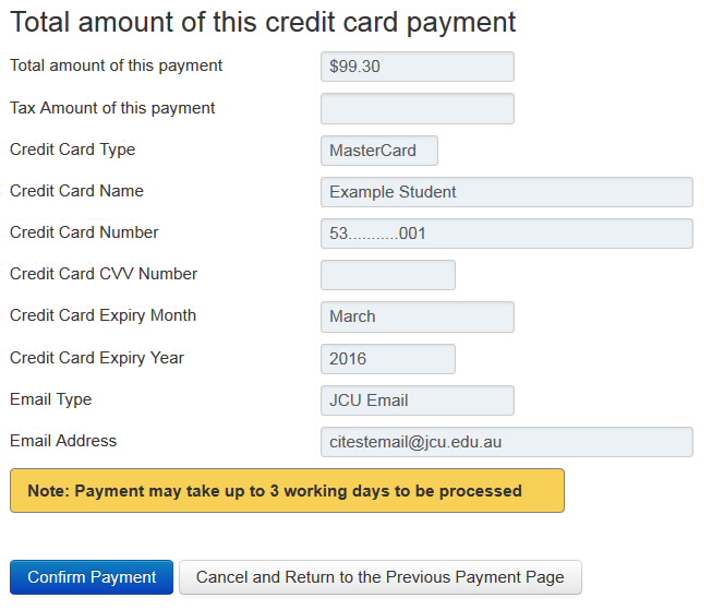 Screenshot showing confirmation of payment screen with Confirm Payment and Cancel and Return to the Previous Payment Page buttons.