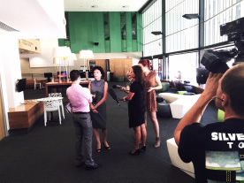 Professor Nola Alloway talks to local media at JCU’s Townsville campus. 