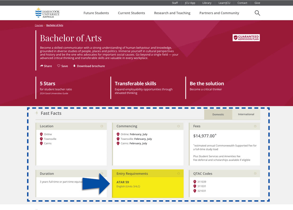 An image of the Fast Facts section of a JCU course page highlighting where the entry requirements can be found.