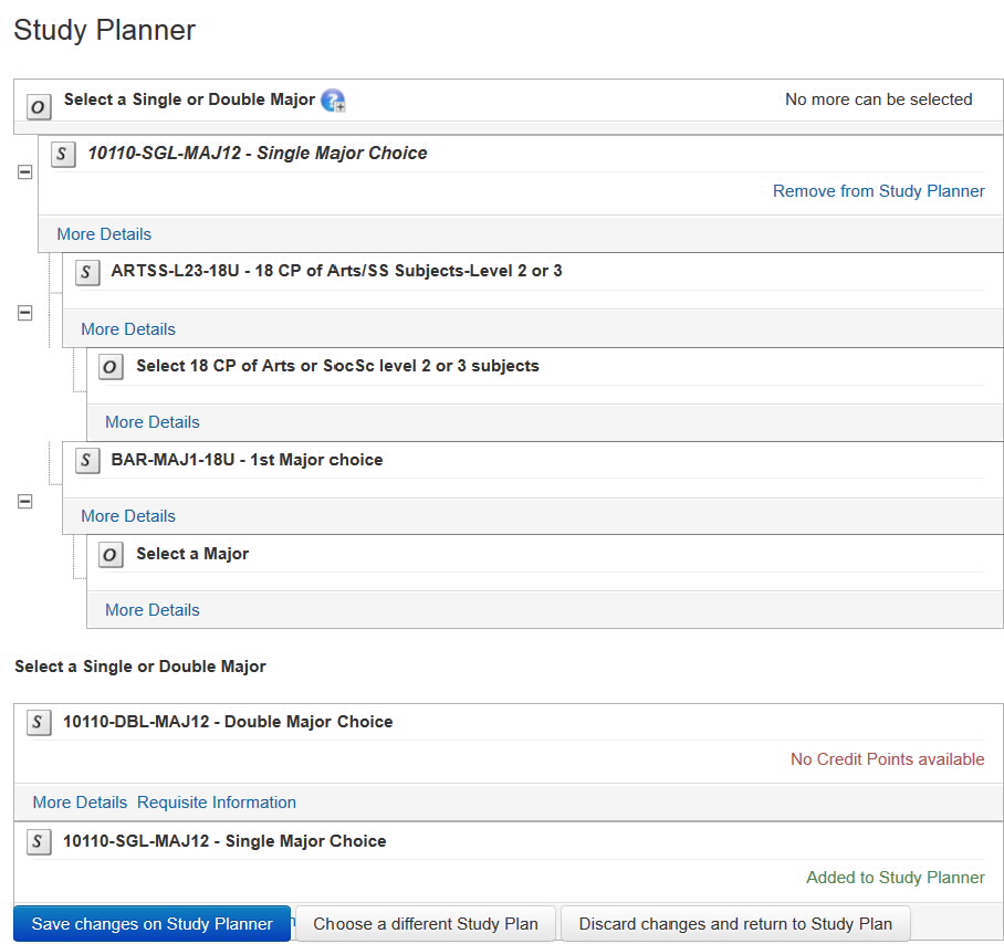 Screenshot showing expanded compontent and Save Changes on Study Planner button.
