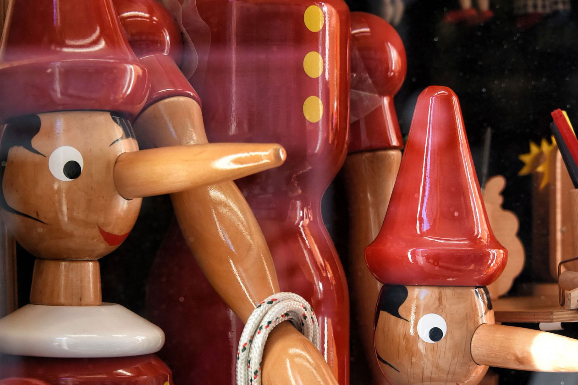 close up of wooden Pinocchio toys
