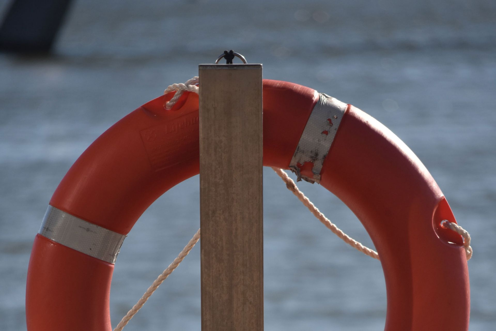 a life buoy on a post, water in background 