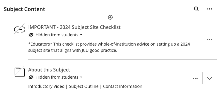 Screenshot of the the first two items in the JCU Subject Template