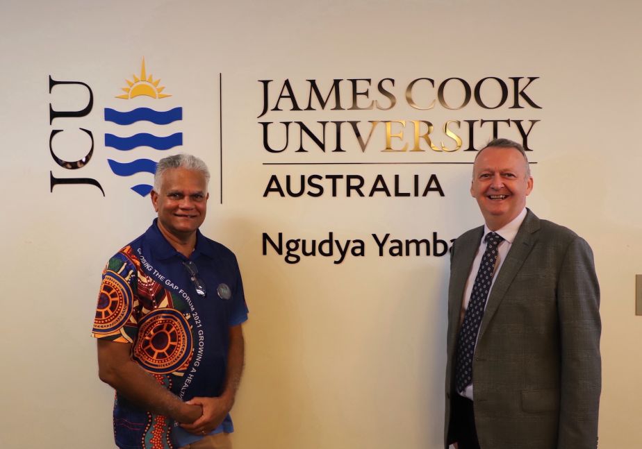 Yuibera Traditional Owner Philip Kemp with JCU Vice Chancellor Professor Simon Biggs at the newly named Ngudya Yamba campus at Mackay Base Hospital.