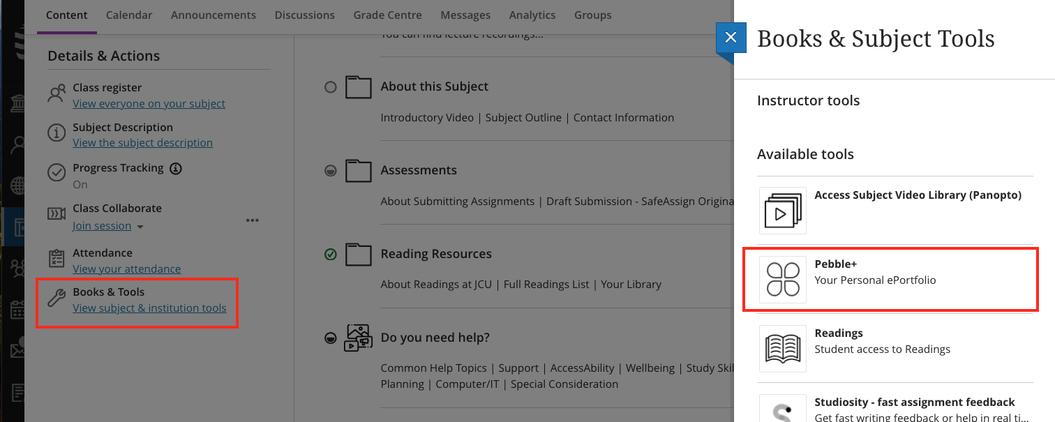 Screenshot of where to find PebblePad in LearnJCU
