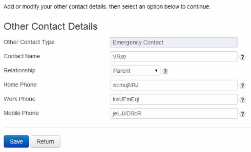 Screenshot showing window where you can add or modify your emergency contact details.  Fields include Contact name, Relationship, Home Phone, Work Phone, Mobile Phone