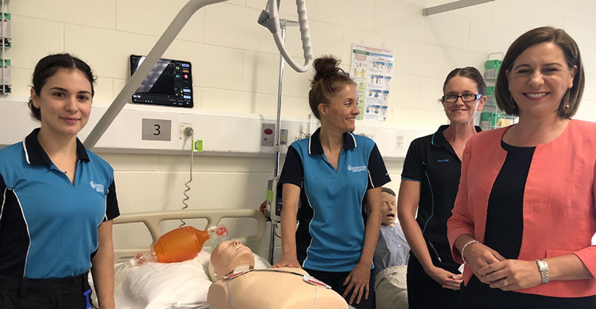 LNP leader Deb Frecklington with JCU nursing students and staff and a teaching manikin