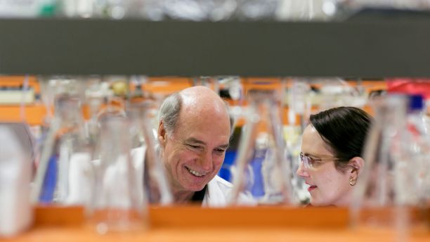 A man and a woman wearing labcoats are conversing in a lab. The shot has been taken from behind a shelf of glass flasks. 