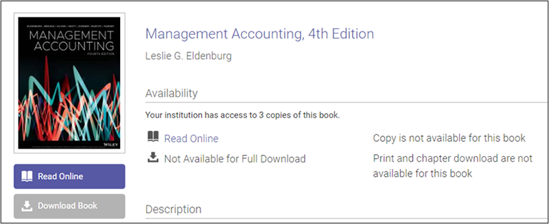 A screen shot of online book 'Management Accounting'. It includes a book cover thumbnail, title and author details. Usage limitations are specified.