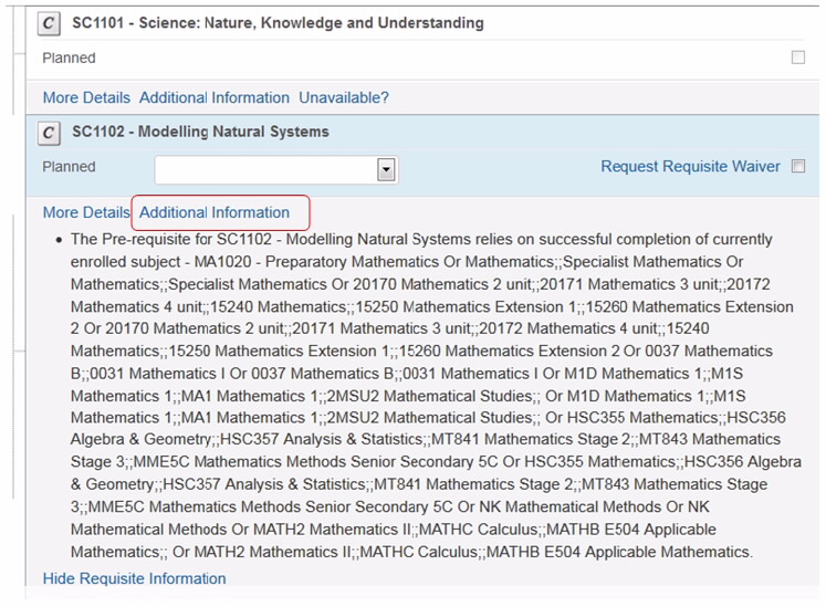 Screenshot showing the Additional Information link which can be used to review requisite information.