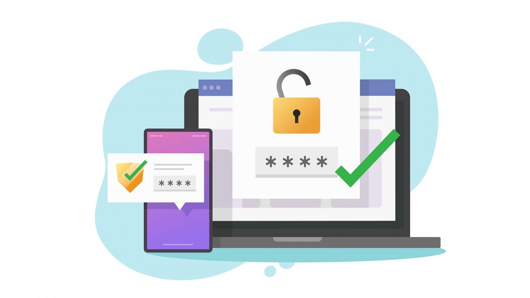 Graphic demonstrating multi-factor authentication on a laptop computer and mobile phone.