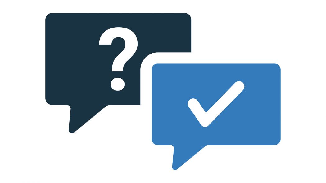 Graphic showing a question mark in a speech bubble and another speech bubble with a tick icon.