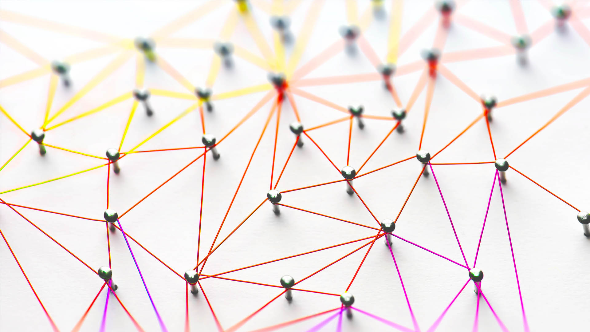 Coloured string connects pins on a board