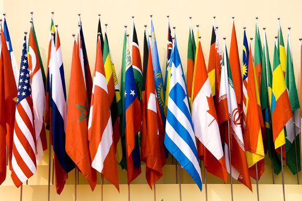 Colorful flags of a variety of nations