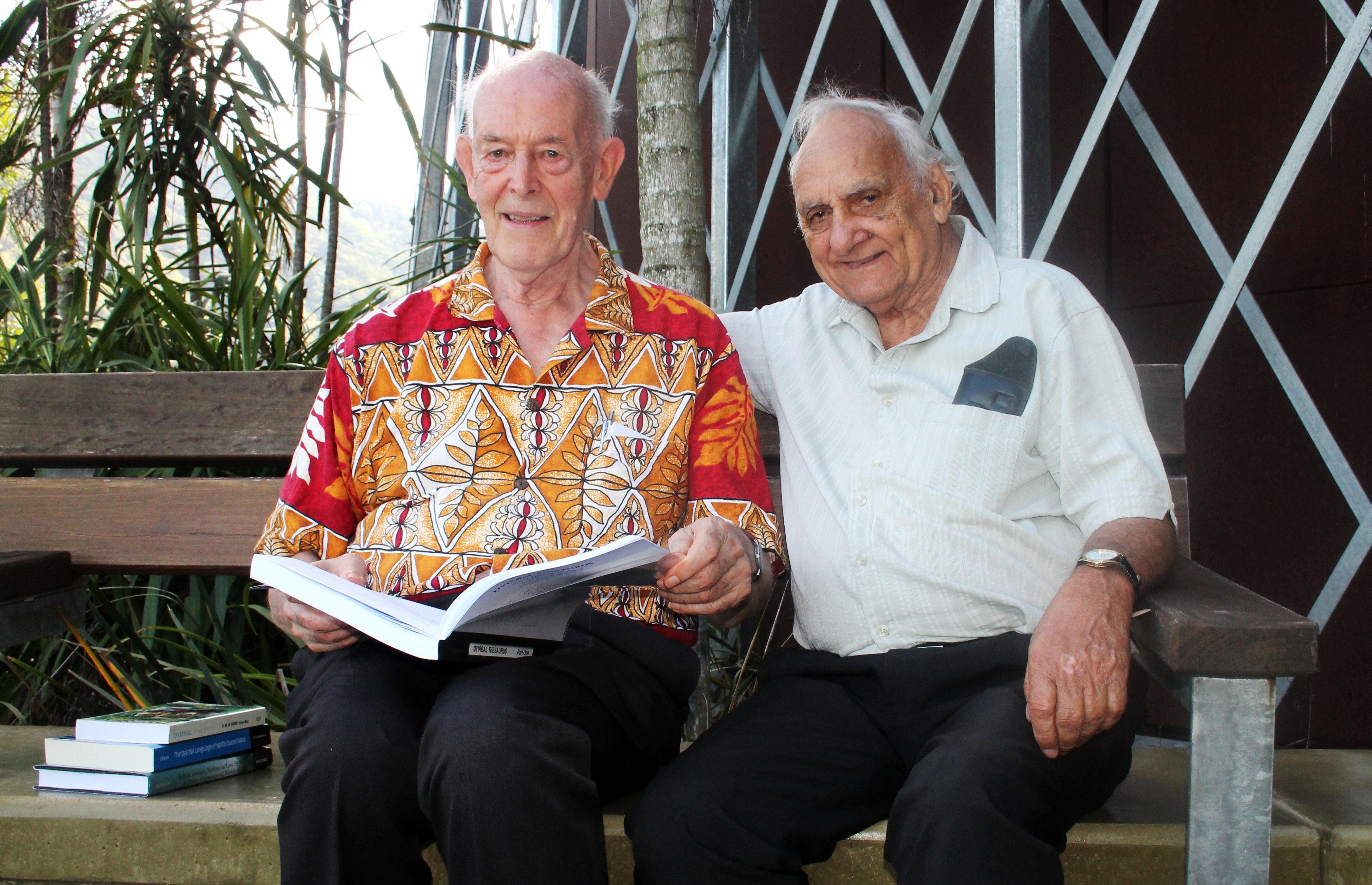 Bob Dixon and Ernie Grant with the Dyirbal dictionary