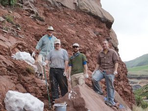 Researchers Prof. Robert Reisz, unknown field assistant, Dr. David Evans, A.Prof Eric Roberts (James Cook University) at the excavation site in South Africa
