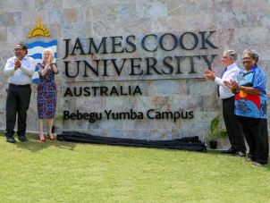 Prof Martin Nakata, Prof Sandra Harding, Bill Tweddell, Dorothy Savage at the unveiling in Townsville