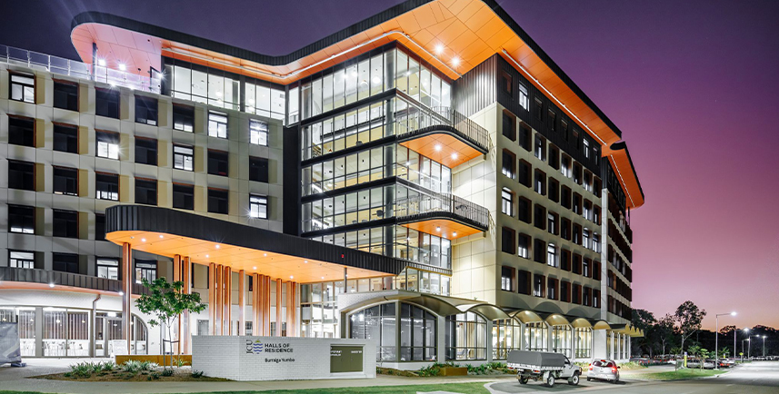 Burralga Yumba building exterior at night. 