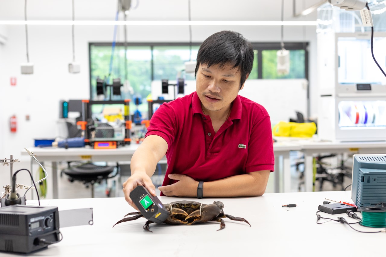 Dr Eric Wang with a mud crab
