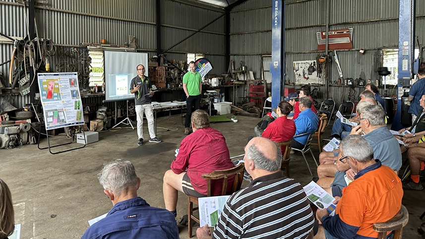 Mostafa Rahimi Azghadi and Alex Olsen, presenting their project results to the Mulgrave Russel growers Water Quality forum in Mirriwini.