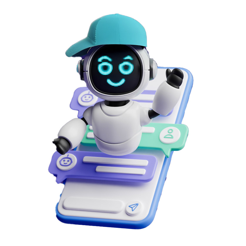 Image of a bot with baseball cap on coming out of a mobile phone waving