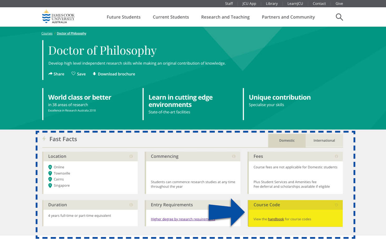 An image of the Fast Facts section of a JCU course page showing the QTAC codes.