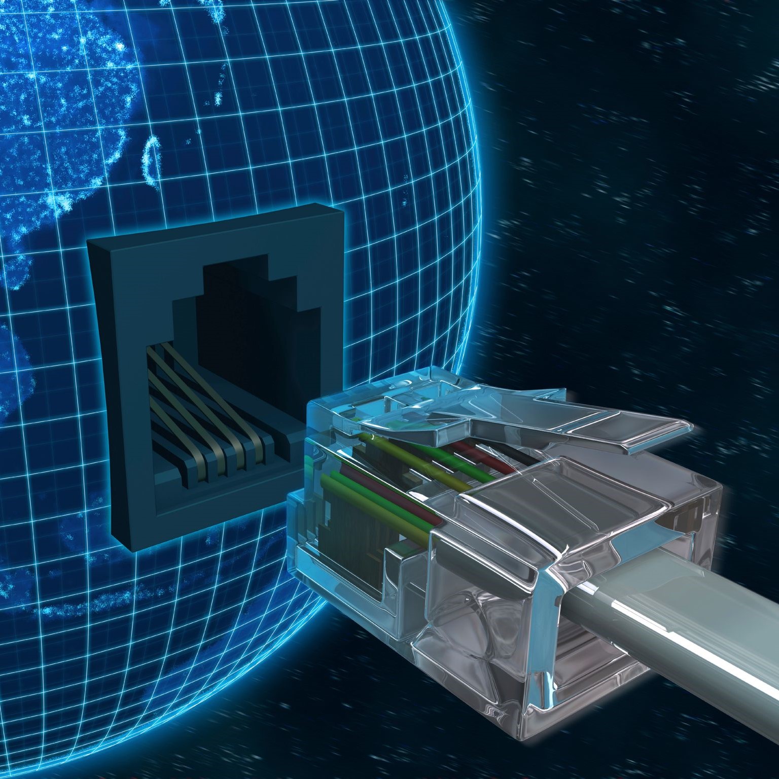 Digital art of a ethernet cord plugging into the world. 
