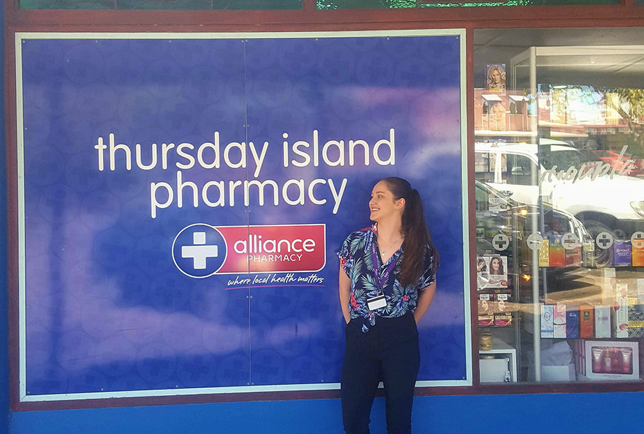 Emma Dall'Alba outside Thursdsay Island Pharmacy