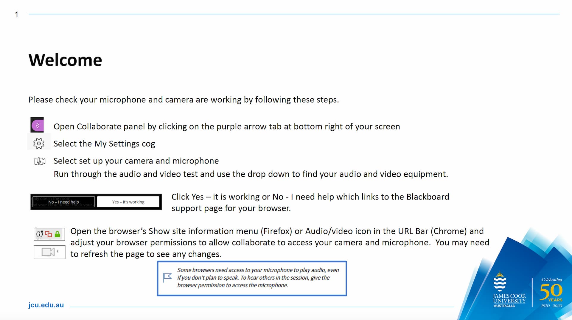 Collaborate Welcome Page - Audio Settings