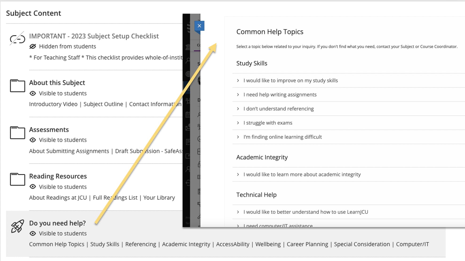 Screenshot of Subject Template - Student Support Page