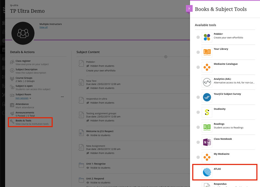 Example of ATLAS access from LearnJCU subject site
