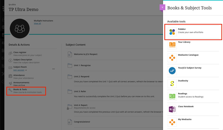 Screenshot of where to find PebblePad in LearnJCU