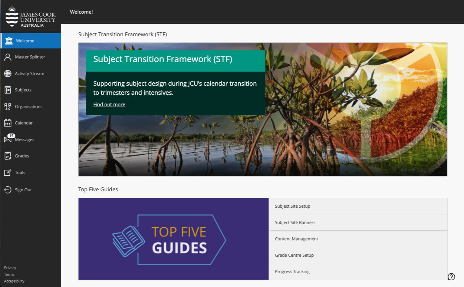 An example of the LearnJCU Welcome page