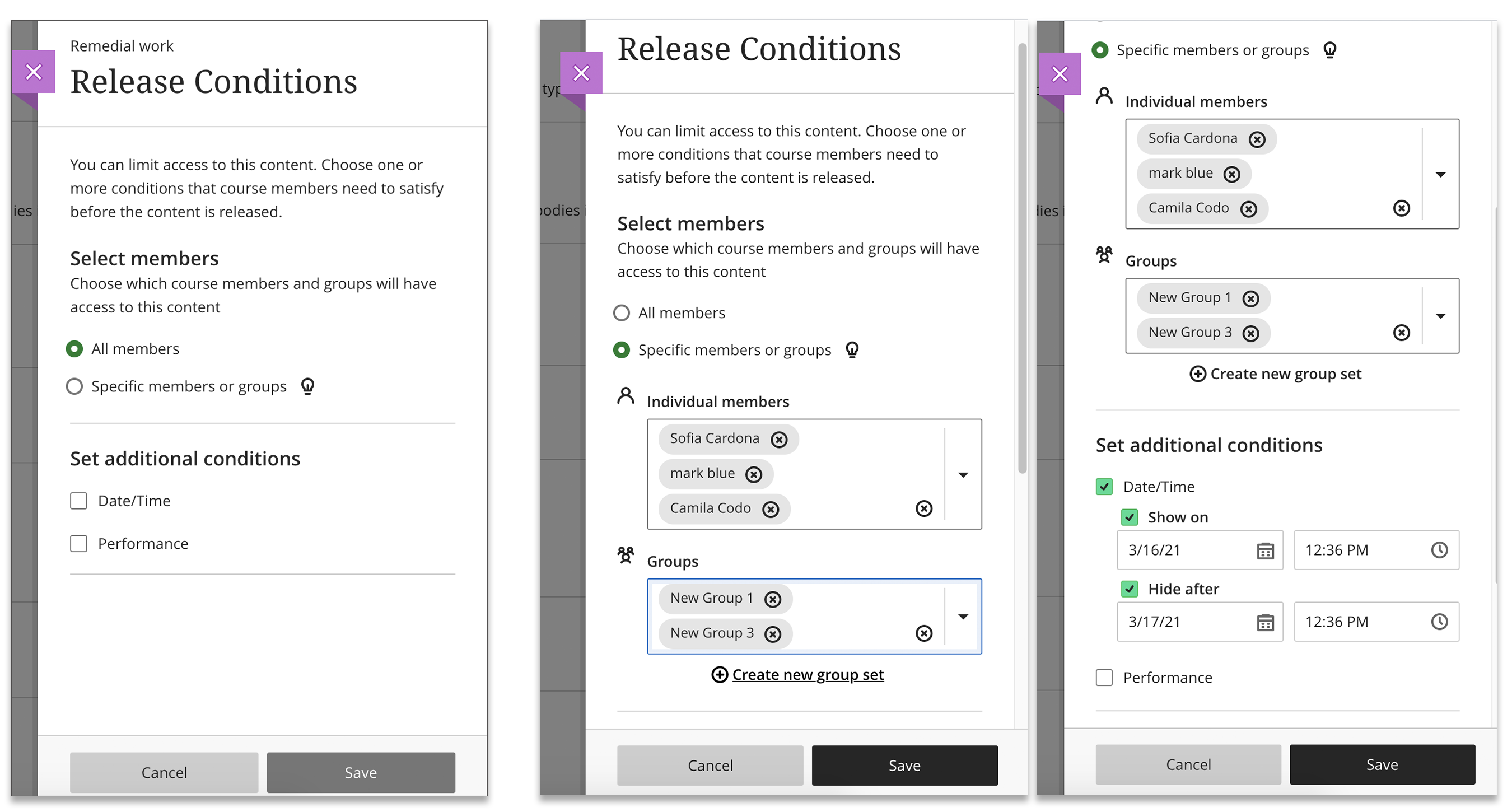 Image shows three screenshots of setting the User or Group condition. Step 1 - choose Specific members or groups. Step 2 - add individual members or groups. Step 3 - set Date/Time, Performance, or Neither.