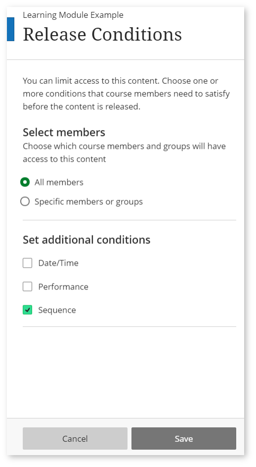 Image shows a screenshot of the release conditions settings panel. Step 1 - Sequence box ticked.