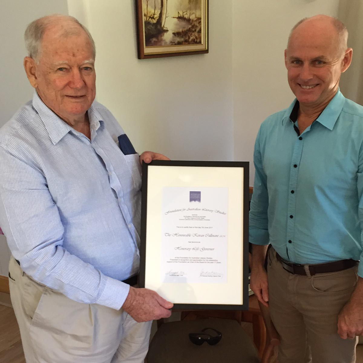 The Hon Kieran Cullinane receiving Life Governors certificate with Foundation Chair