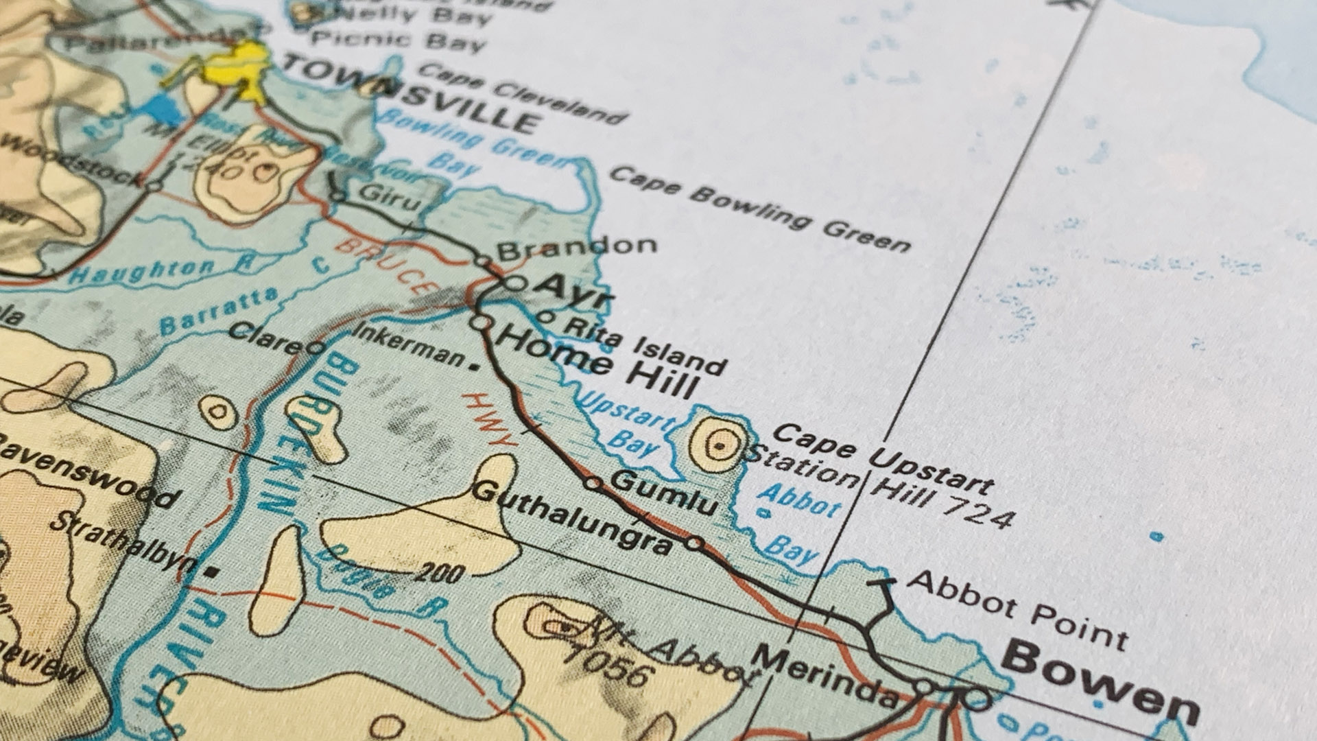 A close up of an Australian map that focuses on the Townsville region, where JCU's main campus is located. 