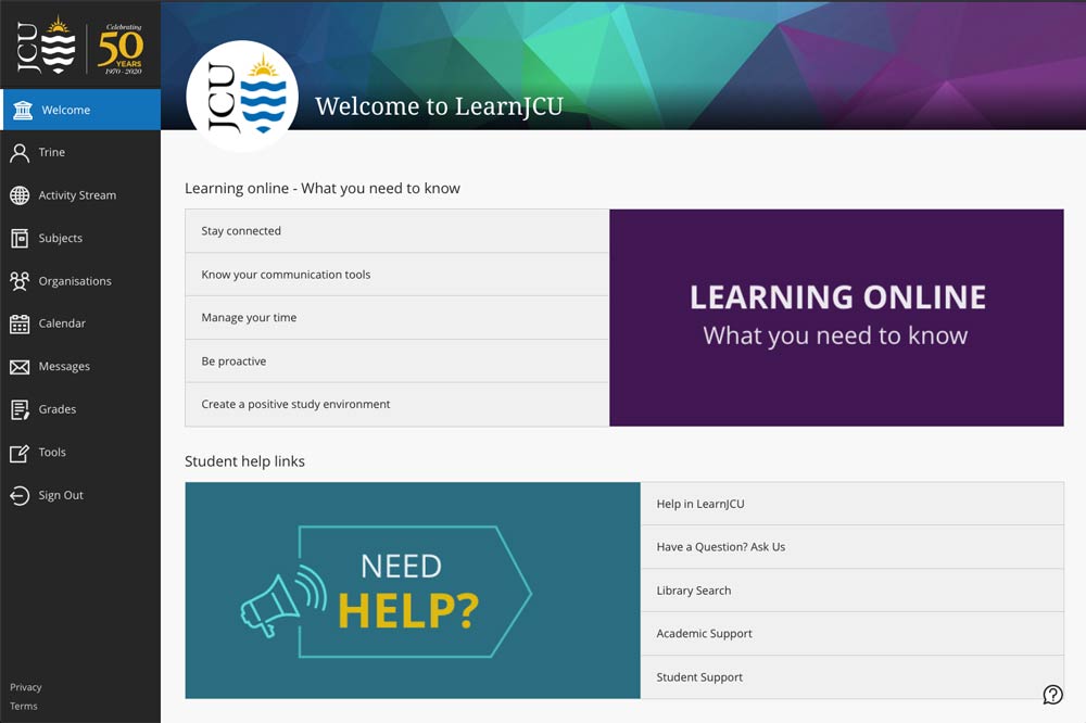 An example of the LearnJCU welcome page
