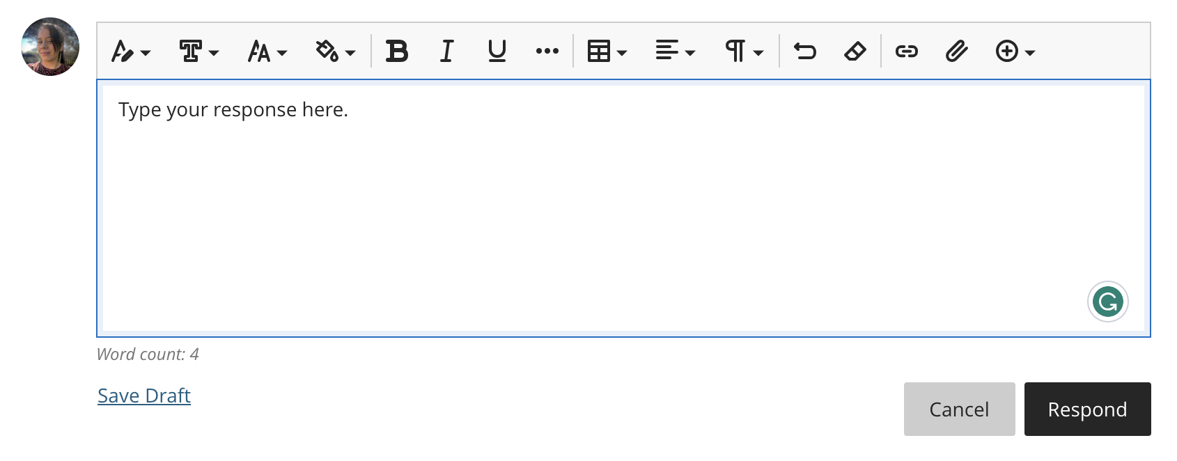Screenshot of the text area when adding a Response
