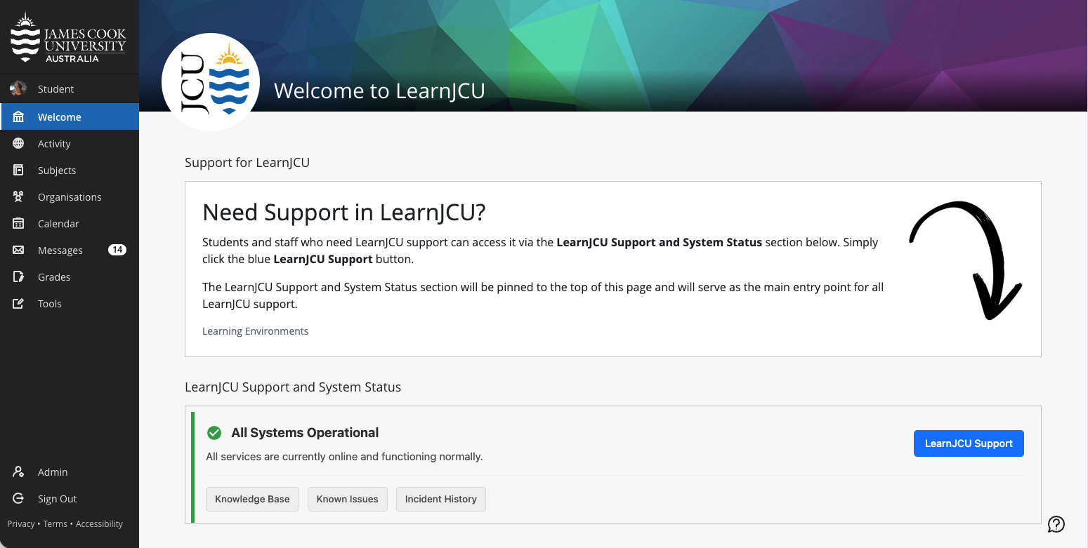 The image above: A screenshot of where LearnJCU Support can be found