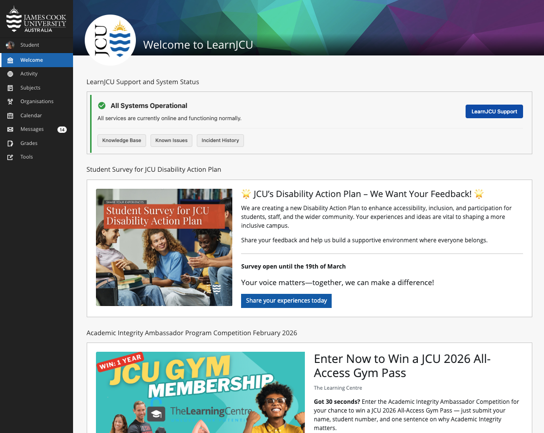 An example of the LearnJCU welcome page