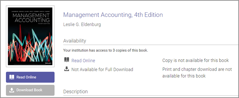 Management Accounting A screen shot of online book 'Management Accounting'. It includes a book cover thumbnail, title and author details. Usage limitations are specified.