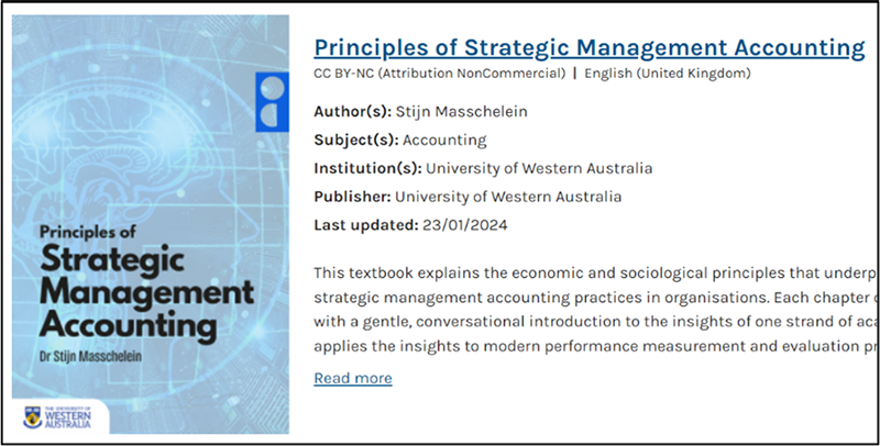 Principles of strategic management accounting A screen shot of OER 'Principles of Strategic management Accounting'. It includes a book cover thumbnail, title, Creative Commons licence, author, affiliation, date and an short description of the book.