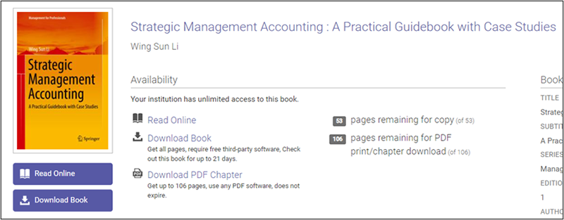 Strategic Management Accounting A screen shot of online book 'Strategic Management Accounting'. It includes a book cover thumbnail, title and author details. Usage limitations are specified.