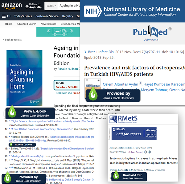 4 screenshots of how LibKey Nomad links to text from different web sites